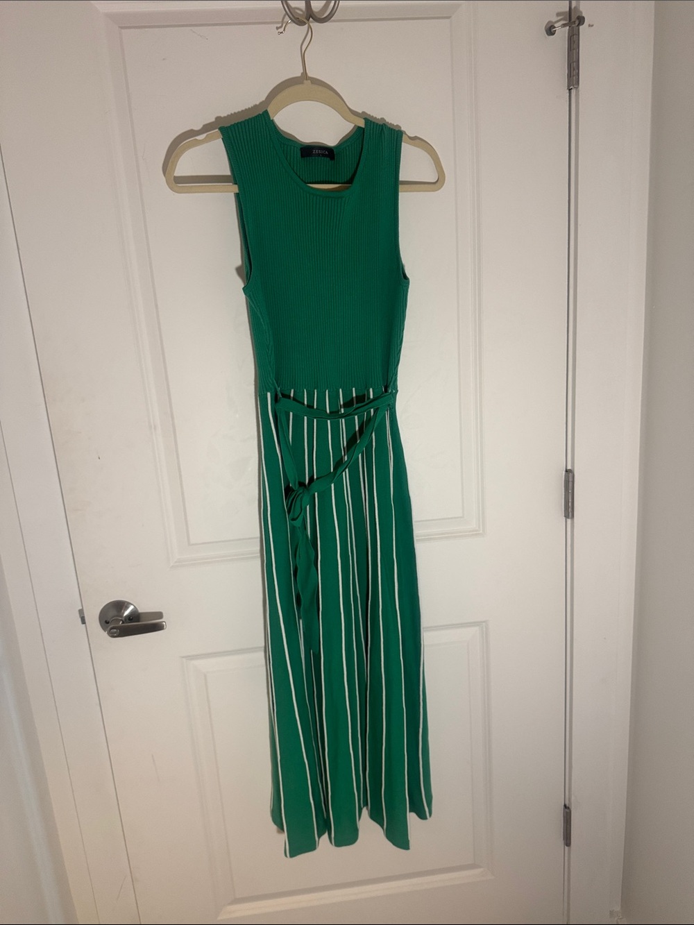 Green Maxi Dress with White Stripes and Tie Waist